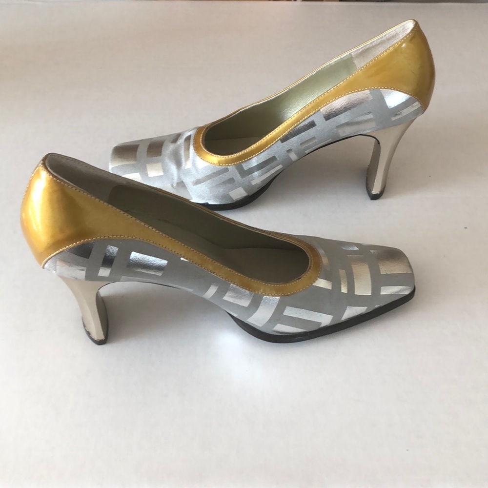 Ailoumi leather gold silver spool heels Sz 36 US 6